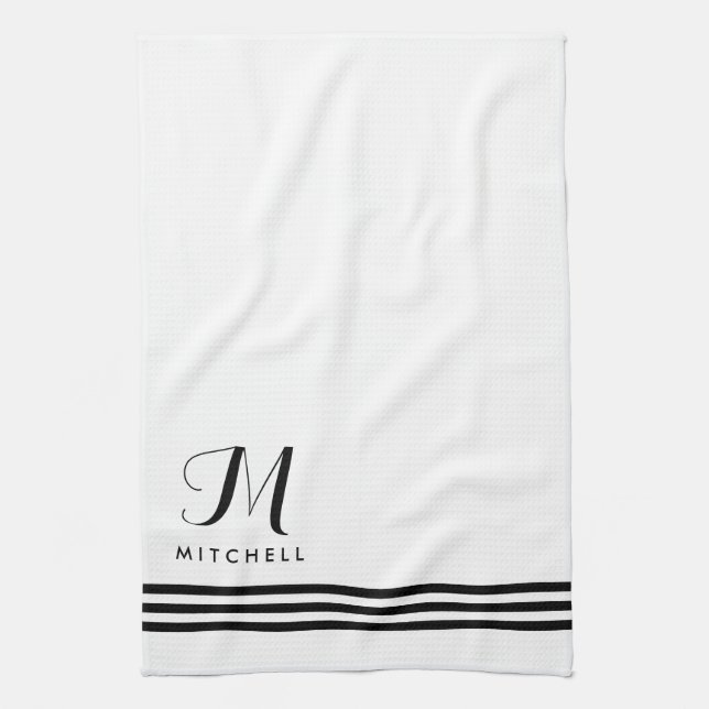 Black and White Sophisticated Stripes and Monogram Tea Towel (Vertical)