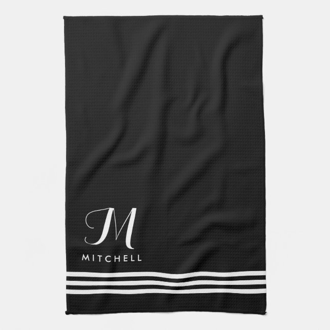 Black and White Sophisticated Stripes and Monogram Tea Towel (Vertical)