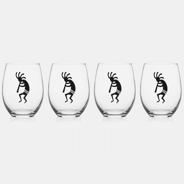 Black And White Southwest Kokopelli Stemless Wine Glass (Front)