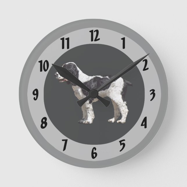 Black and White Spaniel Round Clock (Front)