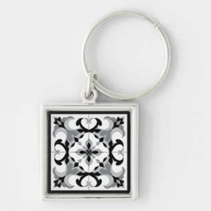 Black and White Spanish Style Tile Key Ring