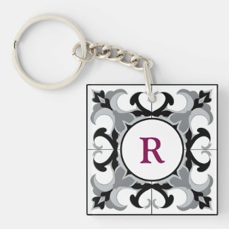 Black and White Spanish Style with Initial  Key Ring