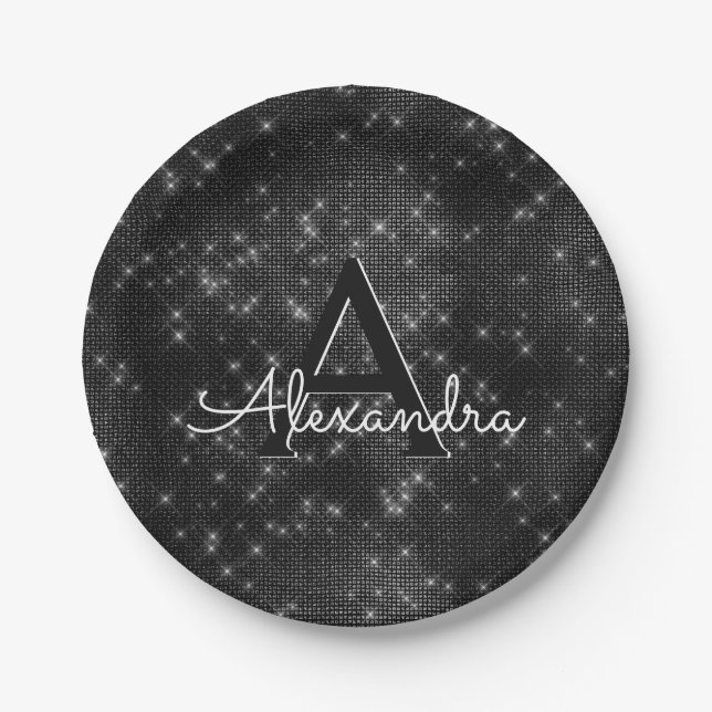 Black and White Sparkle Monogram Birthday Paper Plate (Front)