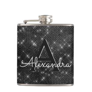 Black and White Sparkle Monogram & Initial Hip Flask