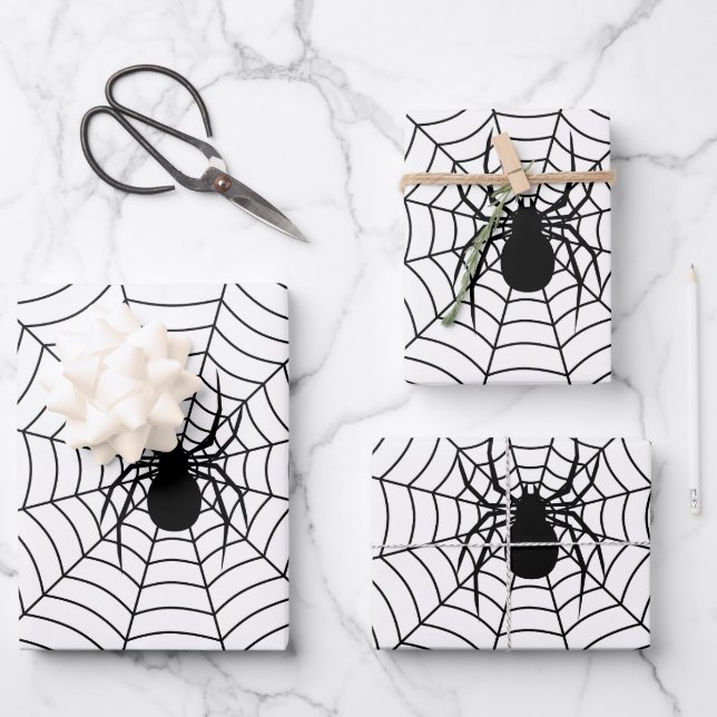 Black and White spider on web Halloween pattern Wrapping Paper Sheet (Front)