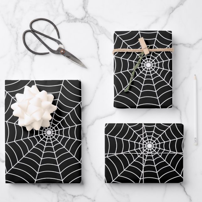 Black and White spider web Halloween pattern Wrapping Paper Sheet (Front)