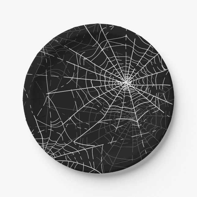 Black and White Spider Webs Halloween Party Paper Plate (Front)