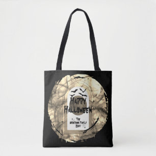 Black and White Spoky Bats Moon Happy Halloween Tote Bag