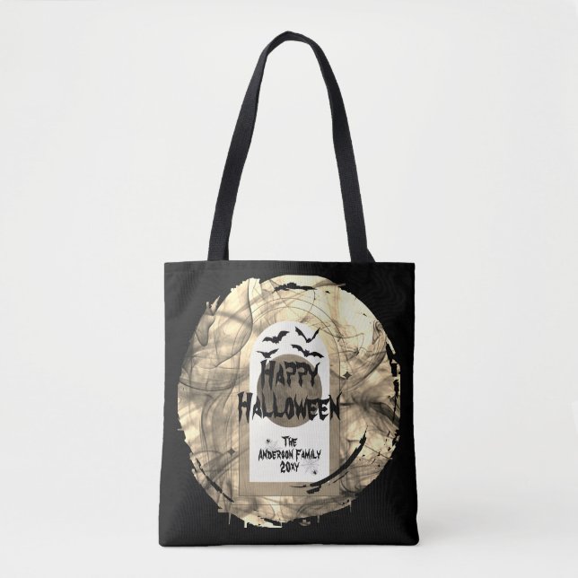 Black and White Spoky Bats Moon Happy Halloween Tote Bag (Front)