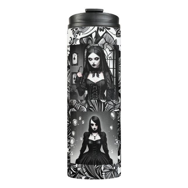 Black and White Spooky Gothic Girls Thermal Tumbler (Front)