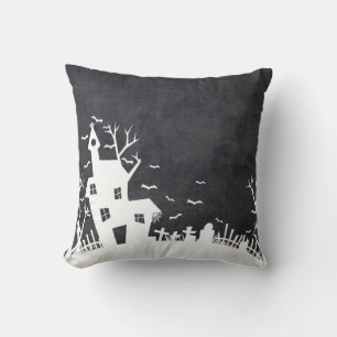 Black and White Spooky House Halloween Cushion