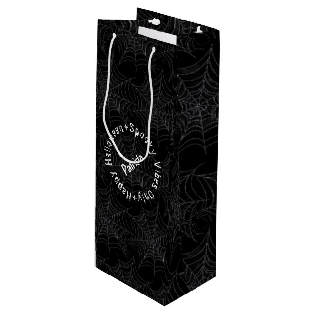 Black and White Spooky Modern Happy Halloween Wine Gift Bag (Front Angled)
