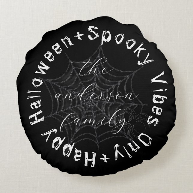 Black and White Spooky Spider Web Happy Halloween Round Cushion (Back)