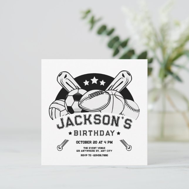 Black and white sports birthday invitation (Standing Front)