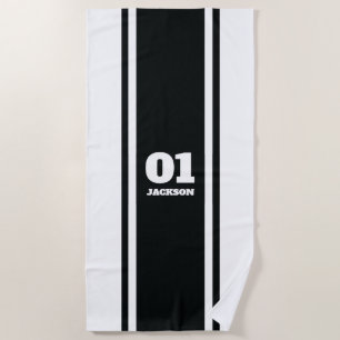 Black and White Sports Stripe Name & Number Beach Towel