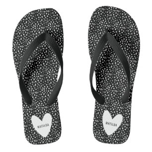 Black and white spot with heart personalised flip flops