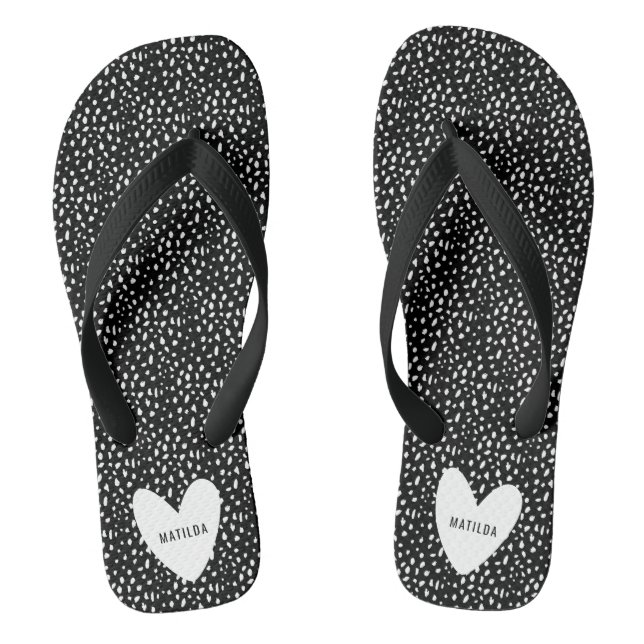 Black and white spot with heart personalised flip flops (Footbed)