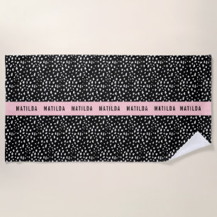 Black and white spot with pink stripe personalised beach towel