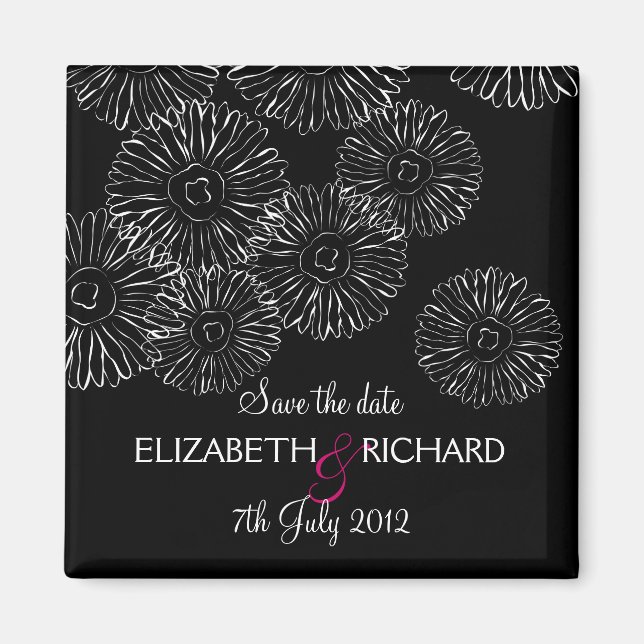 Black and white spring flowers "Save the date" Magnet (Front)