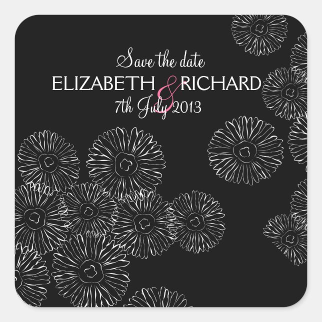 Black and white spring flowers "Save the date" Square Sticker (Front)