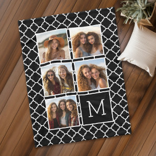 Black and White Square 5 Photo Collage Monogram Fleece Blanket
