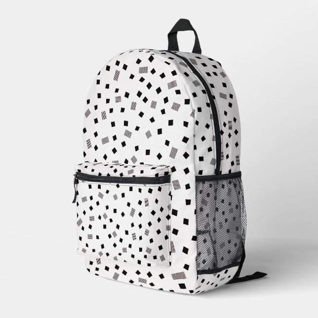 Black and White Square Geometric Pattern Printed Backpack (Back Corner Right)