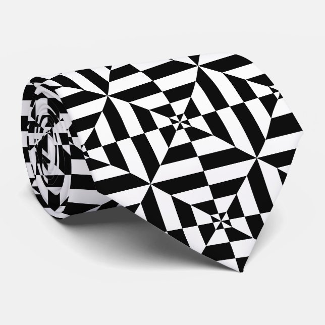 black and white square strip geometrical pattern tie (Rolled)