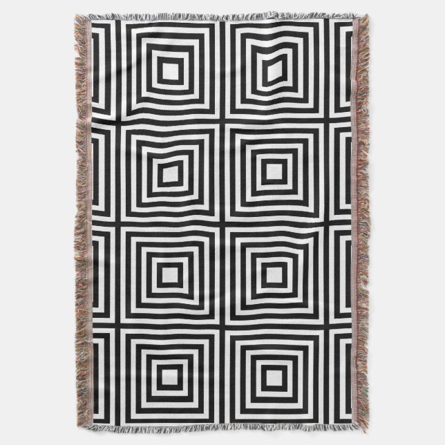 Black and White Squares in Squares Throw Blanket (Front Vertical)
