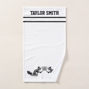 Black and White Squirrel Tennis Player with Text Hand Towel