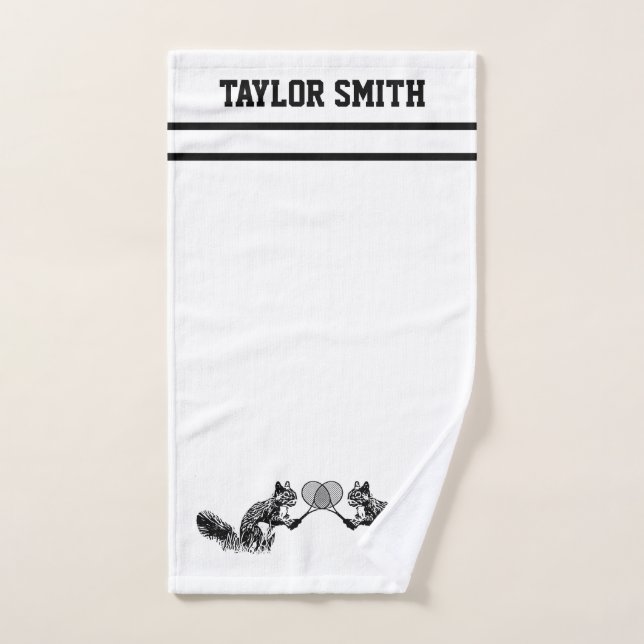 Black and White Squirrel Tennis Player with Text Hand Towel (Hand Towel)