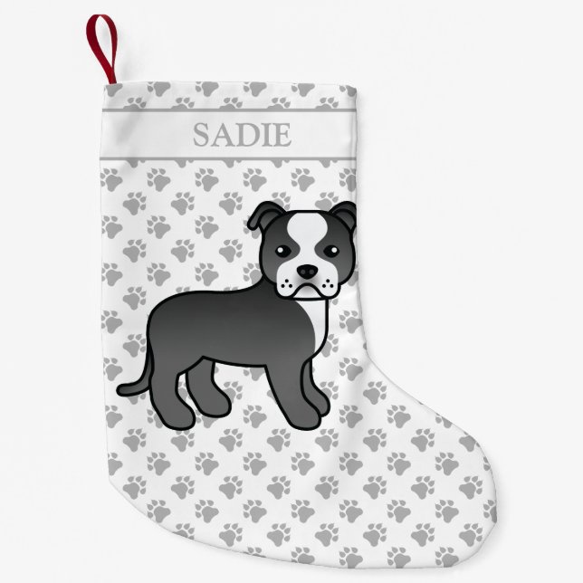 Black And White Staffie Cute Cartoon Dog & Name Small Christmas Stocking (Front)