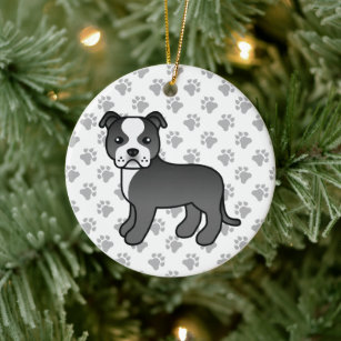 Black And White Staffordshire Bull Terrier Dog Ceramic Tree Decoration
