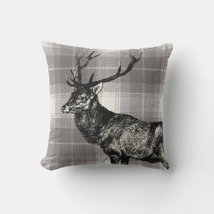 black and white Stag on grey check Cushion