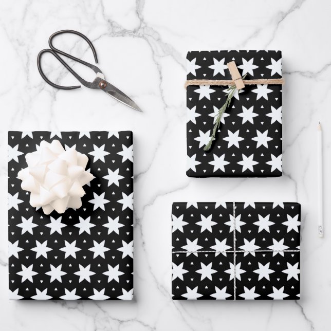 Black and White Star Pattern Wrapping Paper Sheet (Front)