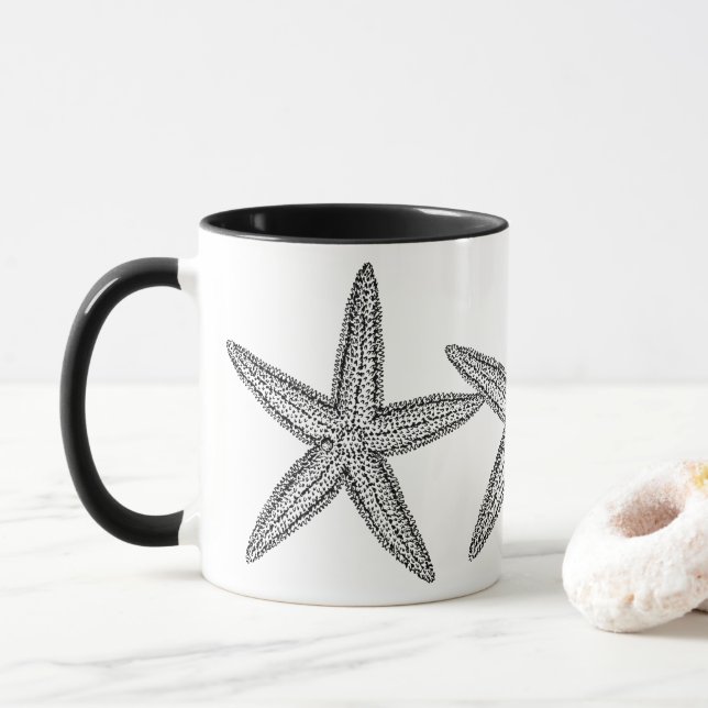 BLACK AND WHITE STARFISH DESIGN MUG (With Donut)