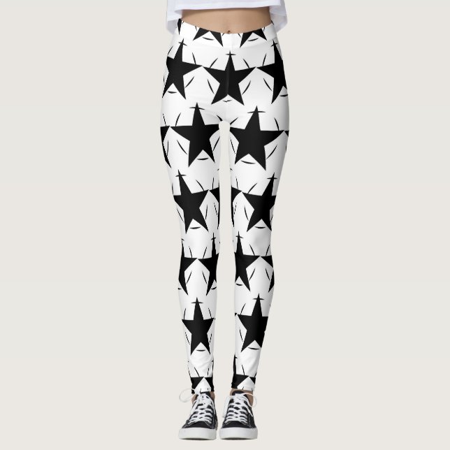 Black and White Stars Circle Geometric Pattern Leggings (Front)
