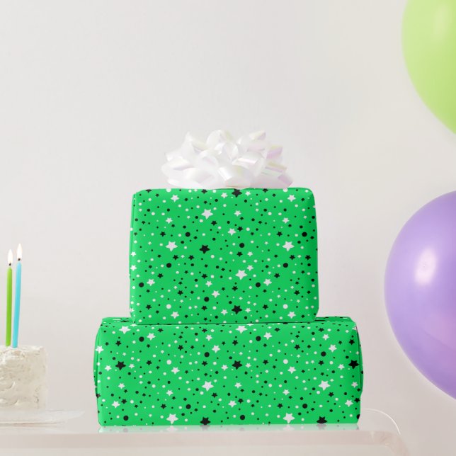 Black and White Stars On Neon Green Wrapping Paper (Party Gifts)