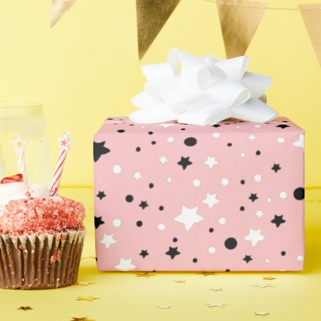 Black and White Stars On Pink  Wrapping Paper (Birthday Party)