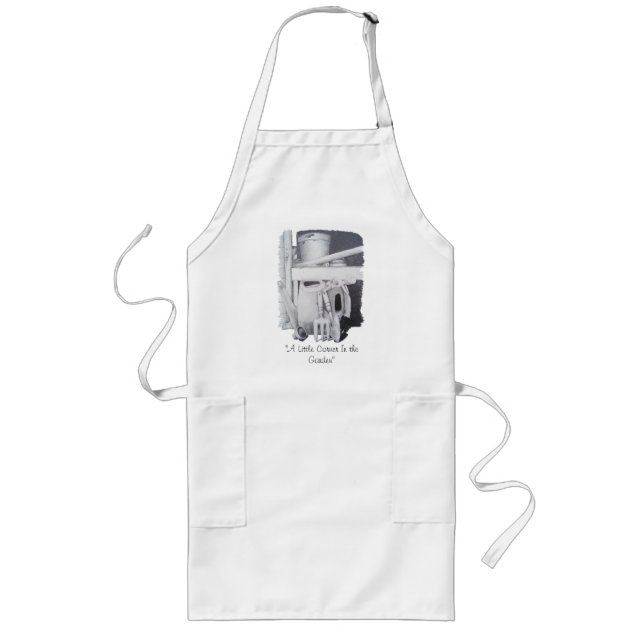 black and white still life art garden tools & pots long apron (Front)
