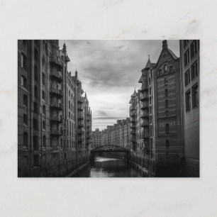 Black and White Storehouse Town River Bridge Postcard