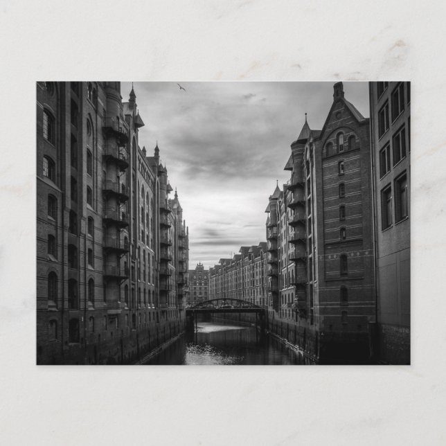 Black and White Storehouse Town River Bridge Postcard (Front)