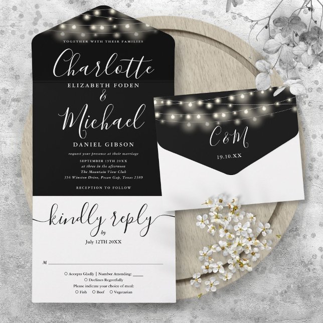 Black And White String Lights Chic Script Wedding All In One Invitation (Black And White String Lights Chic Script Wedding All In One Invitation)