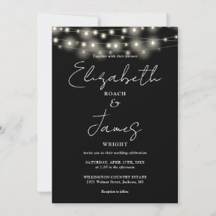 Black And White String Lights Chic Script Wedding Invitation