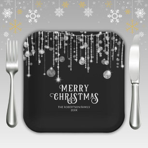 Black and White String Lights Christmas Party Paper Plate