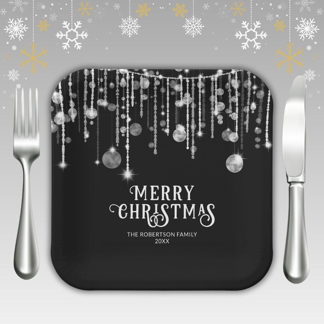 Black and White String Lights Christmas Party Paper Plate (Creator Uploaded)