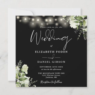 Black And White String Lights Floral Photo Wedding Invitation