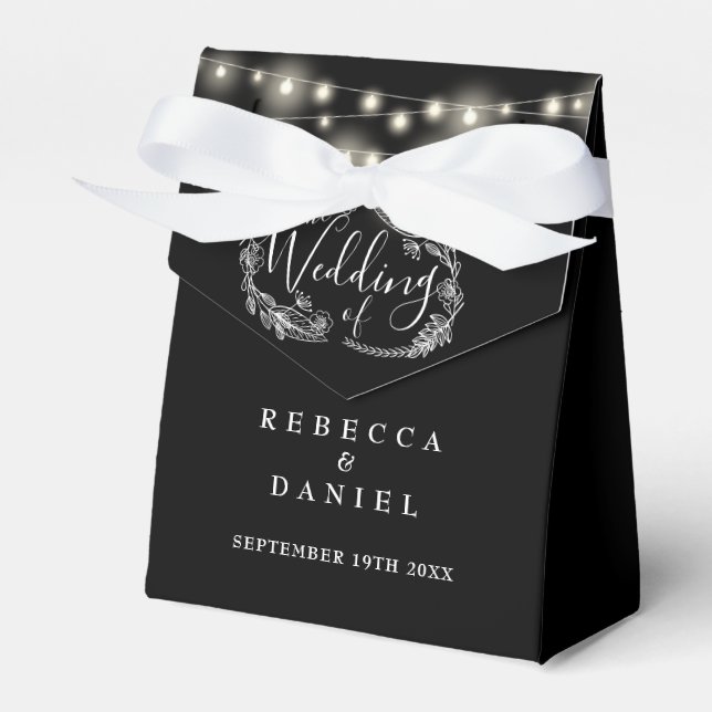 Black And White String Lights Floral Wedding Favour Box (Front Side)