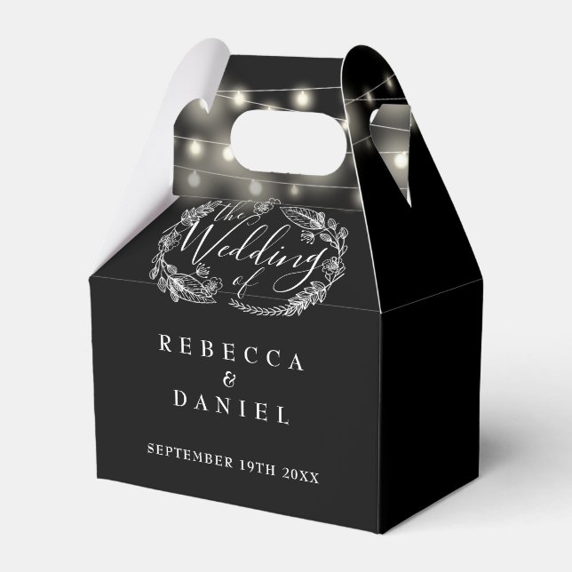 Black And White String Lights Floral Wedding Favour Box (Front Side)