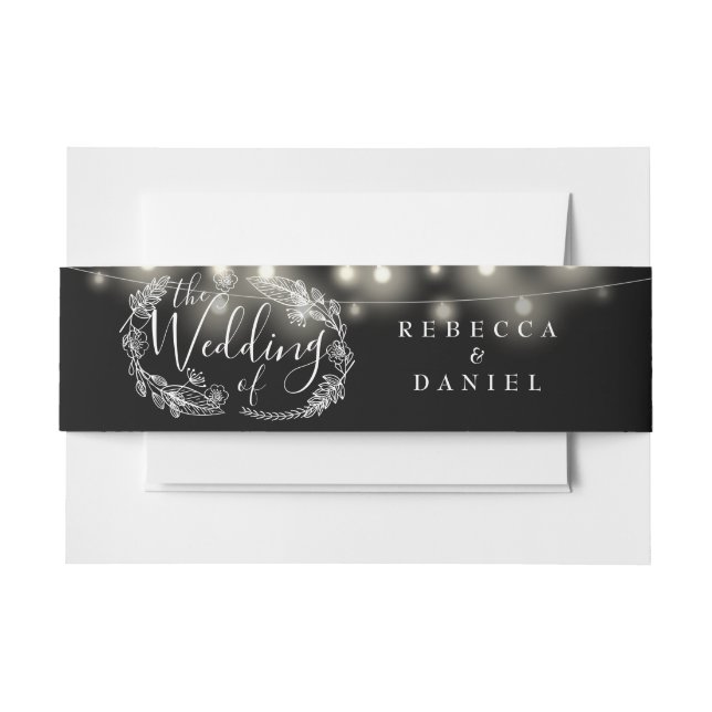 Black And White String Lights Floral Wedding Invitation Belly Band (Front Example)