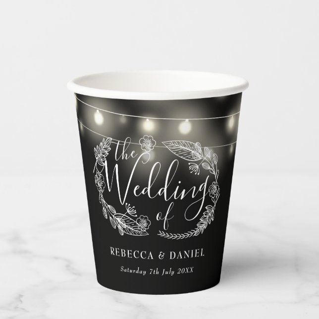 Black And White String Lights Floral Wedding Paper Cups (Front)